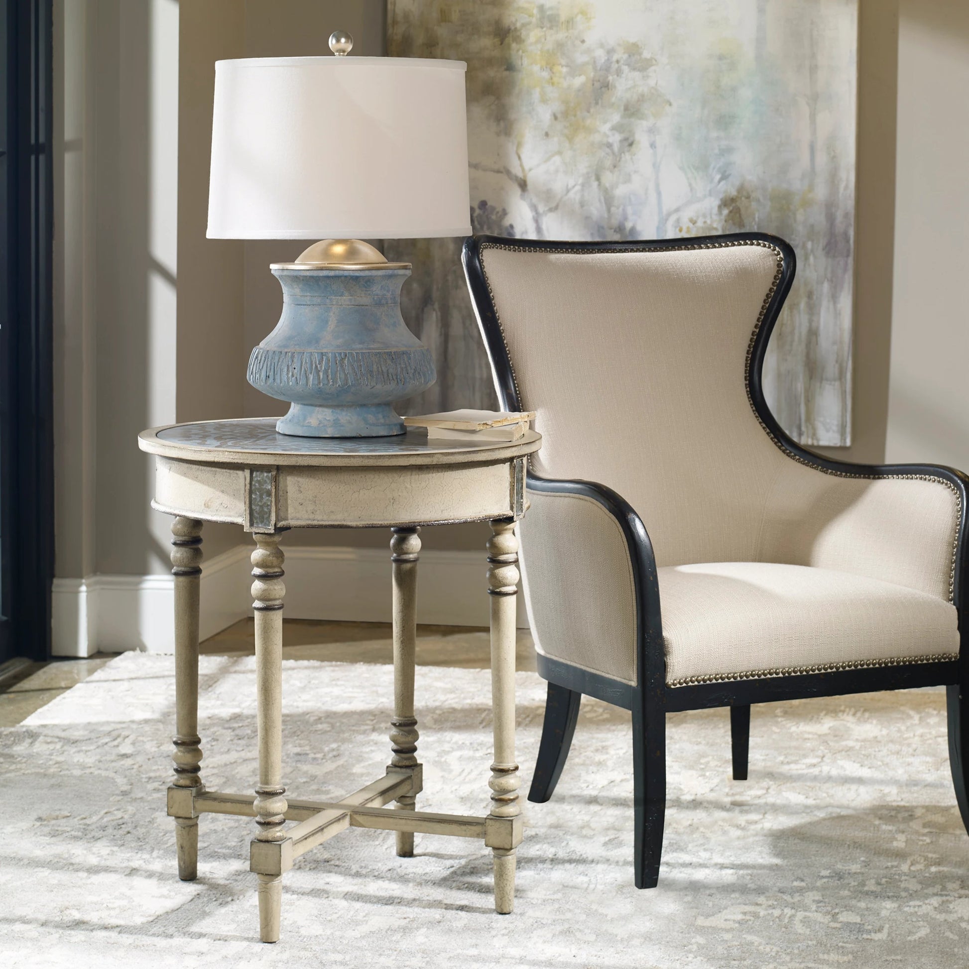Sandy Wing Back Armchair by Uttermost. Made from wood, foam, fabric in a cottage & farmhouse style.