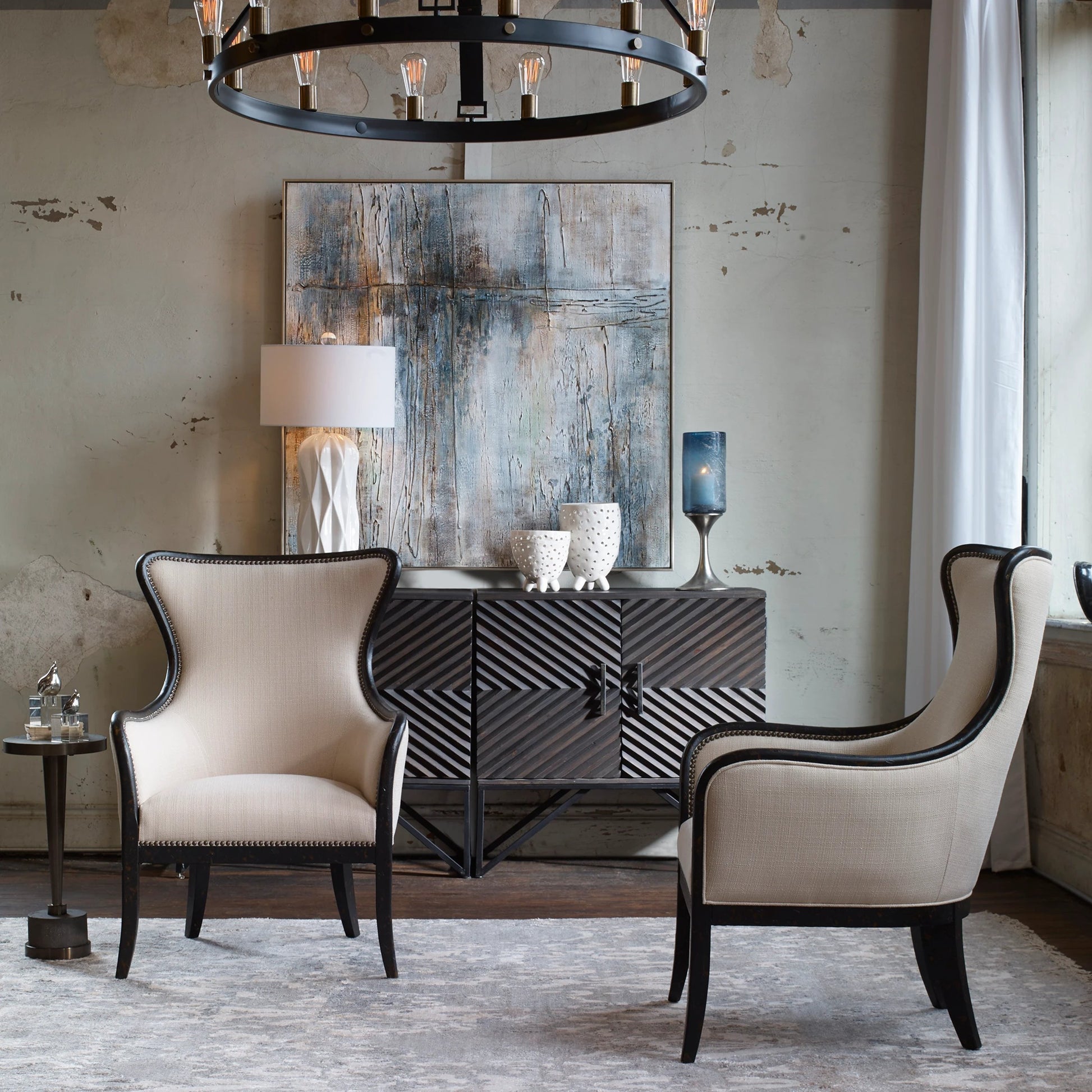 Sandy Wing Back Armchair by Uttermost. Made from wood, foam, fabric in a cottage & farmhouse style.