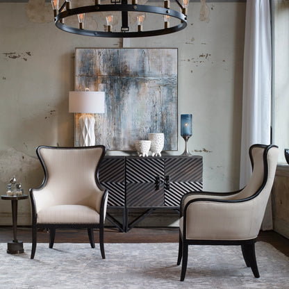 Sandy Wing Back Armchair by Uttermost. Made from wood, foam, fabric in a cottage & farmhouse style.
