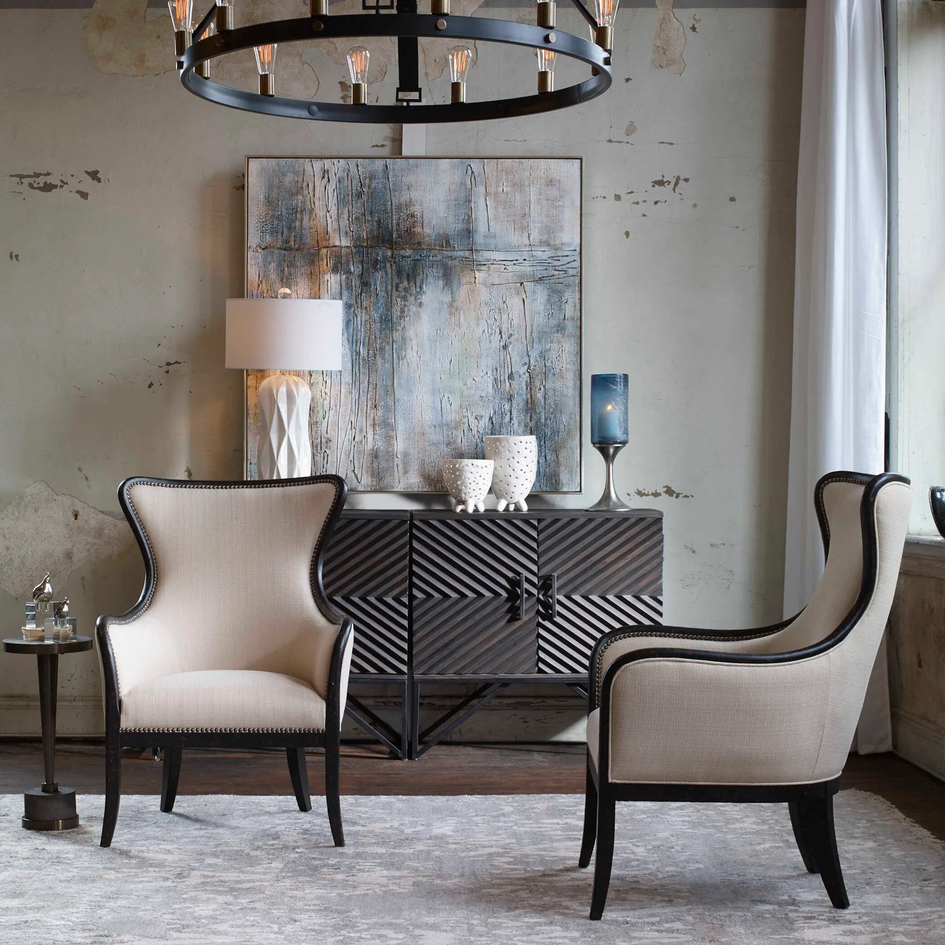 Sandy Wing Back Armchair by Uttermost. Made from wood, foam, fabric in a cottage & farmhouse style.