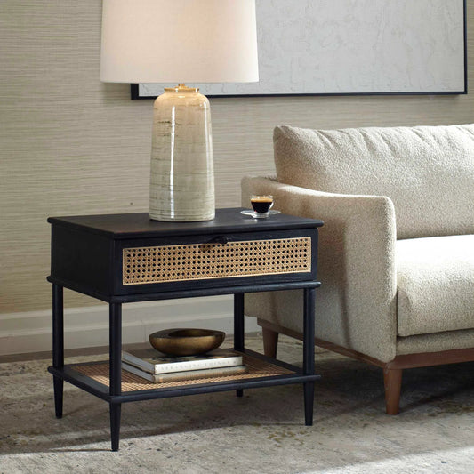 Coast Rattan Side Table by Uttermost. Made from mindi wood, mdf mindi veneer with rattan cane in a unique style.