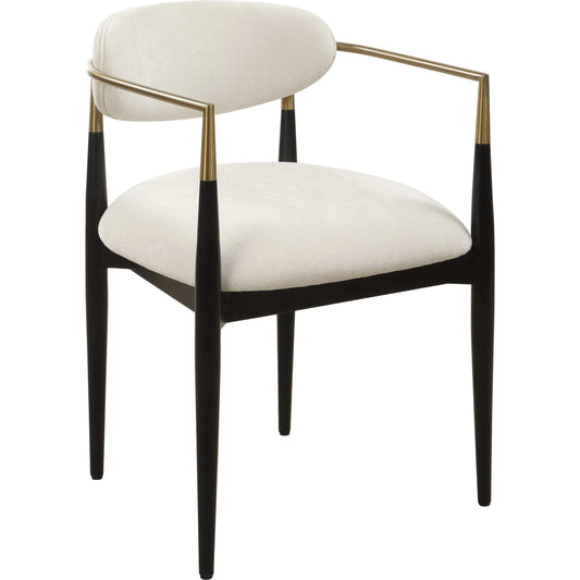 Moxie Dining Arm Chair by Uttermost in off white, brass. Made from rubber wood, foam, fabric, iron, plywood in a unique style.