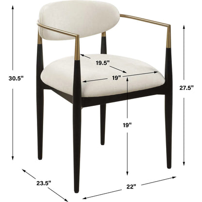 Moxie Dining Arm Chair by Uttermost in off white, brass. Made from rubber wood, foam, fabric, iron, plywood in a modern style.