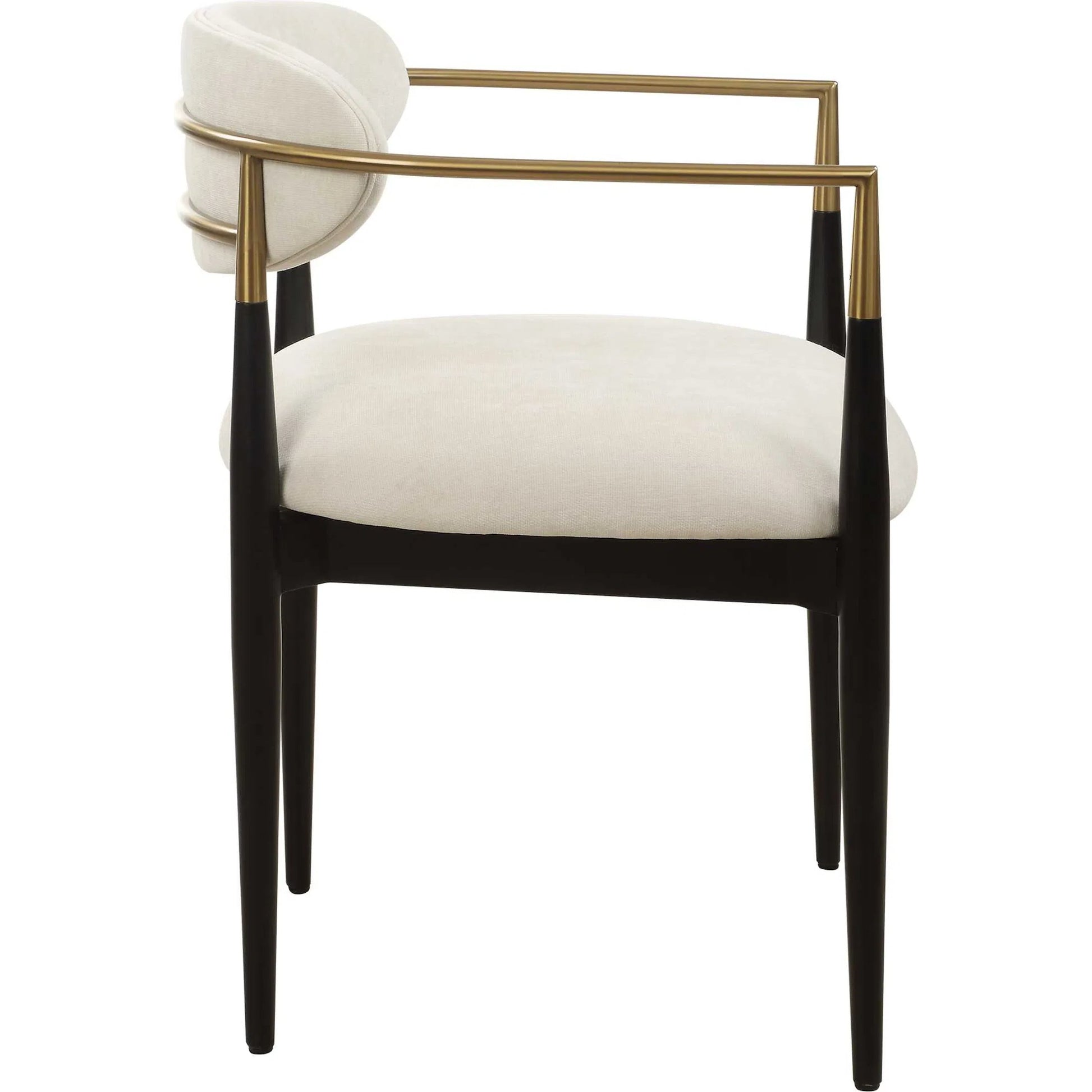 Moxie Dining Arm Chair by Uttermost in off white, brass. Made from rubber wood, foam, fabric, iron, plywood in a modern style.