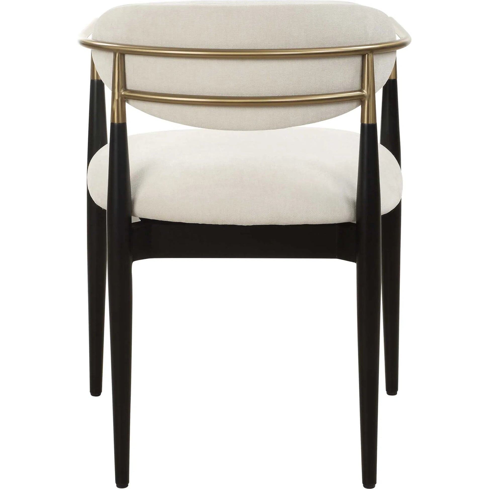 Moxie Dining Arm Chair by Uttermost in off white, brass. Made from rubber wood, foam, fabric, iron, plywood in a modern style.