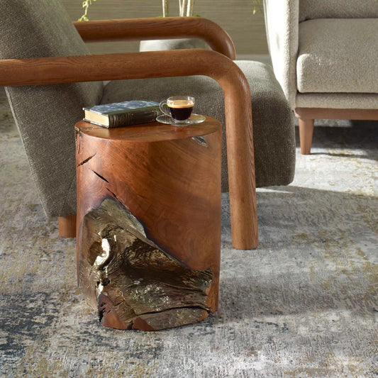 Rafe Accent Stool by Uttermost in natural, antique silver. Made from teak wood in a unique style.