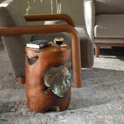 Rafe Accent Stool by Uttermost in natural, antique silver. Made from teak wood in a cottage & farmhouse style.