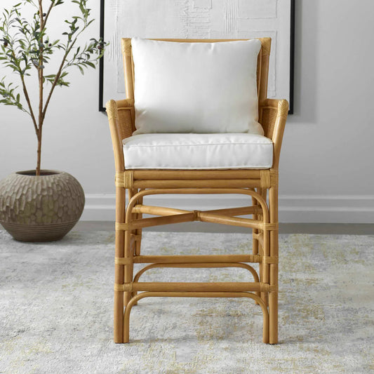 Pacific Rattan Counter Stool by Uttermost in white. Made from rattan ploe with rattan weaving in a unique style.