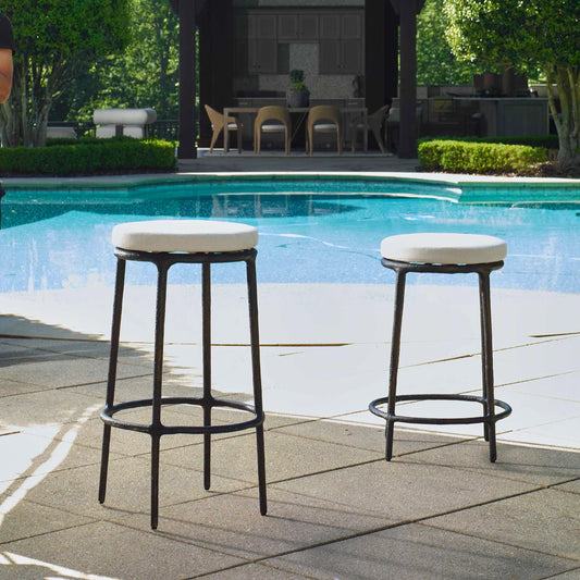 Thayer Outdoor Bar Stool by Uttermost in white, java. Made from aluminium casting in a unique style.