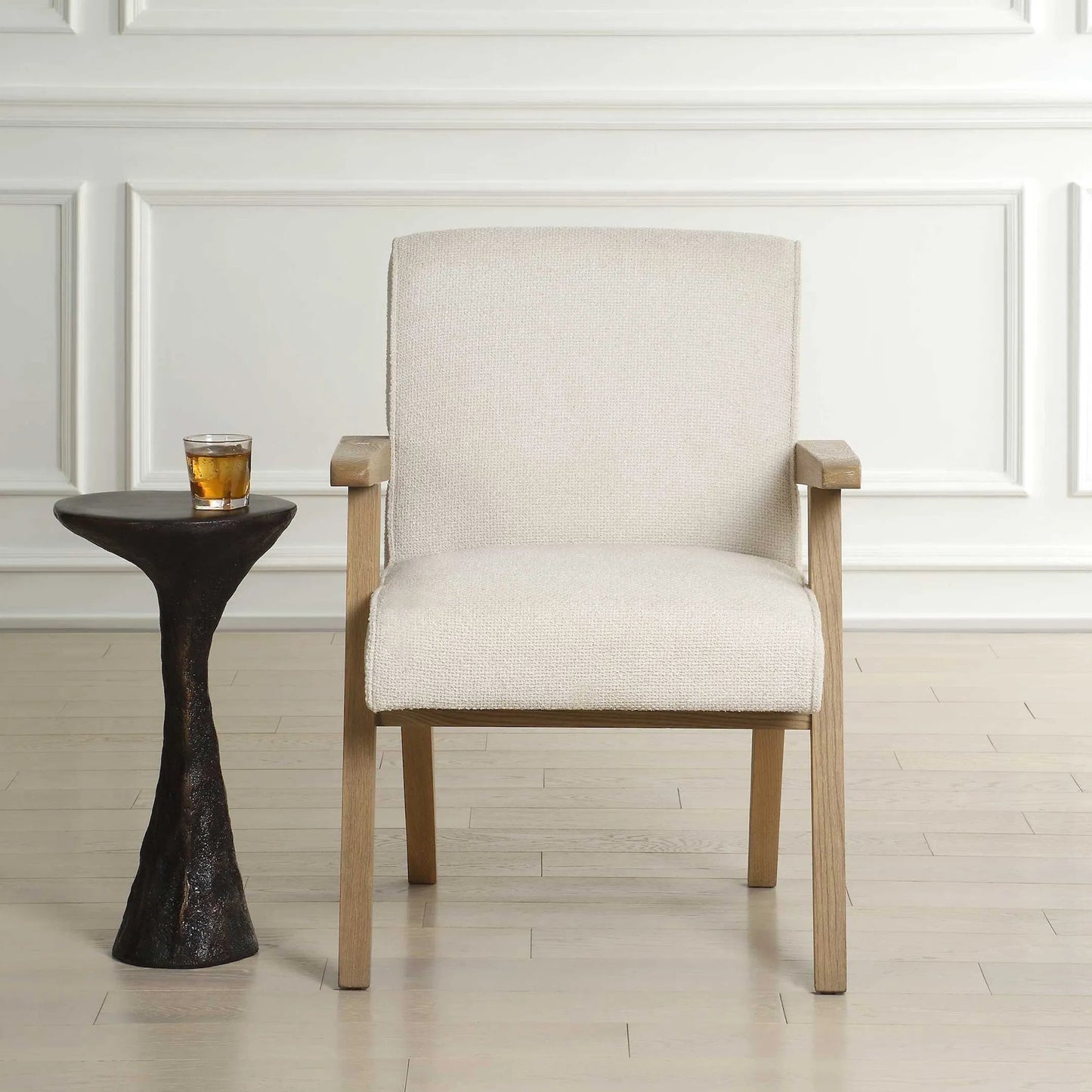 003 SI-2386653 | Lifestyle | Blakely Dining Arm Chair by Uttermost in white. Made from oak solid, plywood, foam, fabric in a unique style.