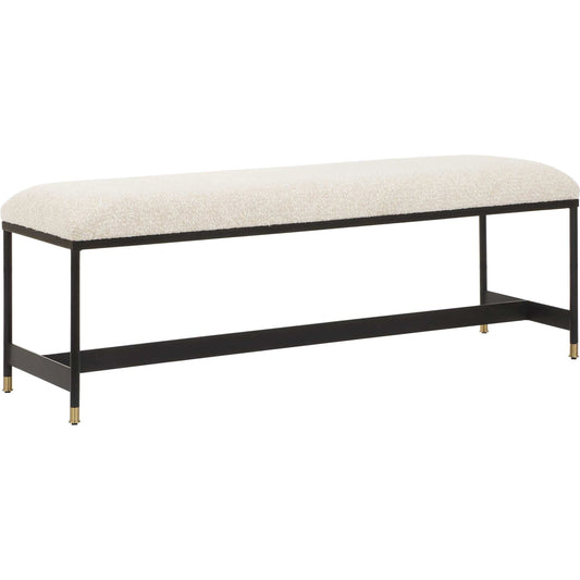 Halston Upholstered Bench by Uttermost in matte black, brass. Made from iron, mdf, foam, fabric in a unique style.