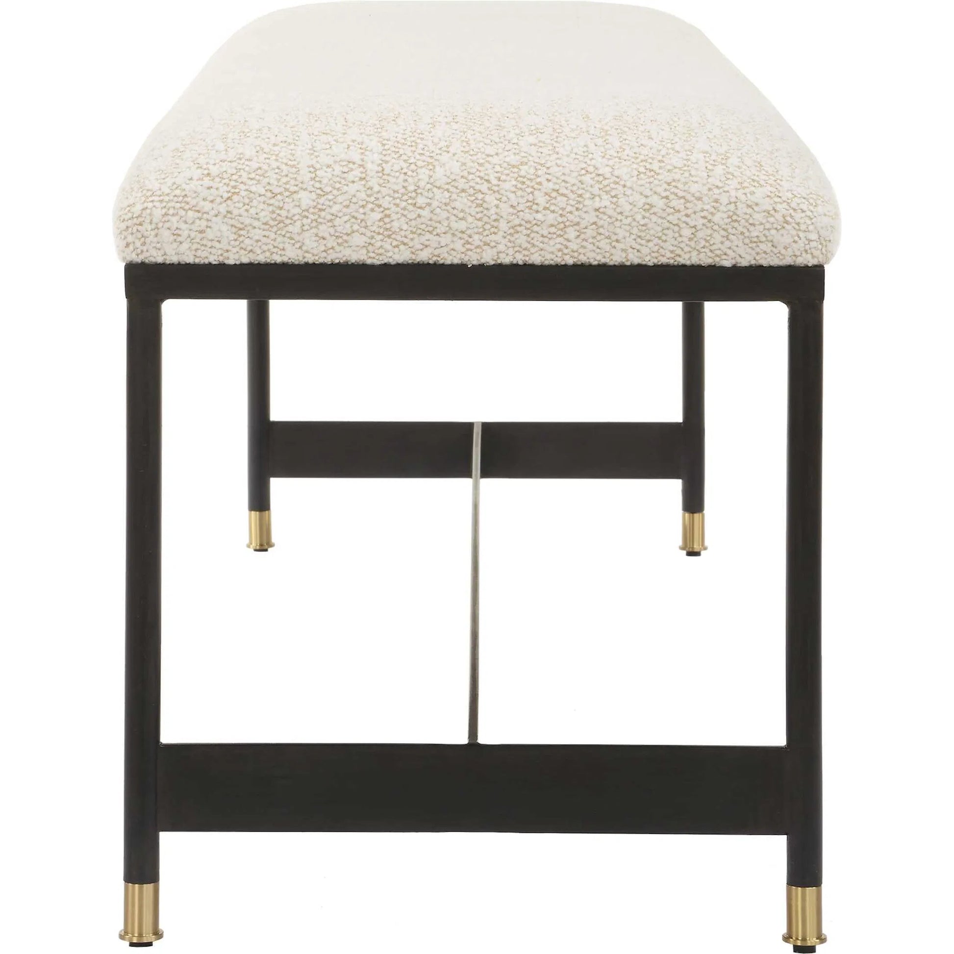 Halston Upholstered Bench by Uttermost in matte black, brass. Made from iron, mdf, foam, fabric in a transitional style.