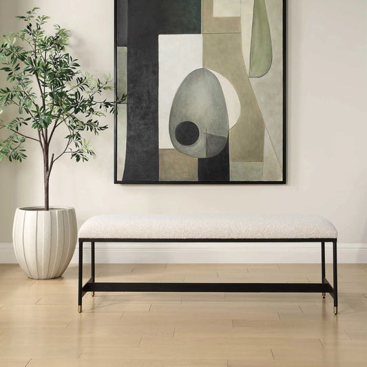 Halston Upholstered Bench by Uttermost in matte black, brass. Made from iron, mdf, foam, fabric in a unique style.