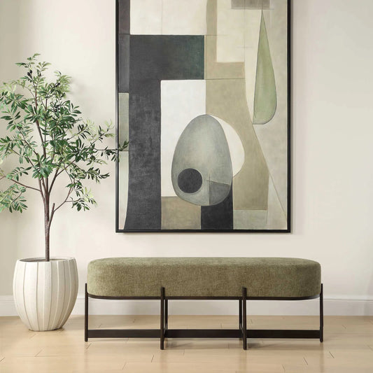 Merino Moss Fabric Bench by Uttermost in bronze. Made from metal, plywood, foam, fabric in a unique style.