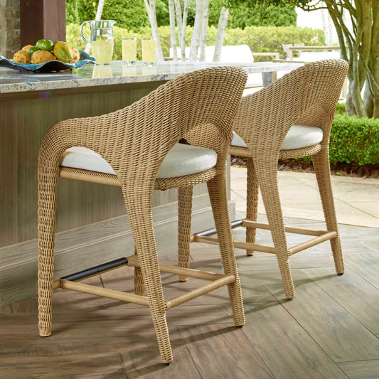 Kavali Outdoor Wicker Counter Stool by Uttermost in white. Made from aluminium, wicker in a unique style.