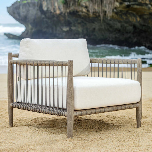 Borneo Outdoor Lounge Chair by Uttermost in oyster white, dark gray. Made from mahogani wood, fabric cloud dancer in a unique style.