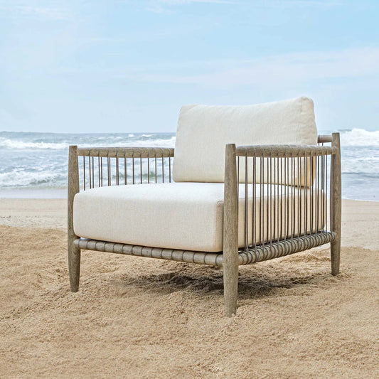 Borneo Outdoor Lounge Chair by Uttermost in oyster white, dark gray. Made from mahogani wood, fabric cloud dancer in a unique style.