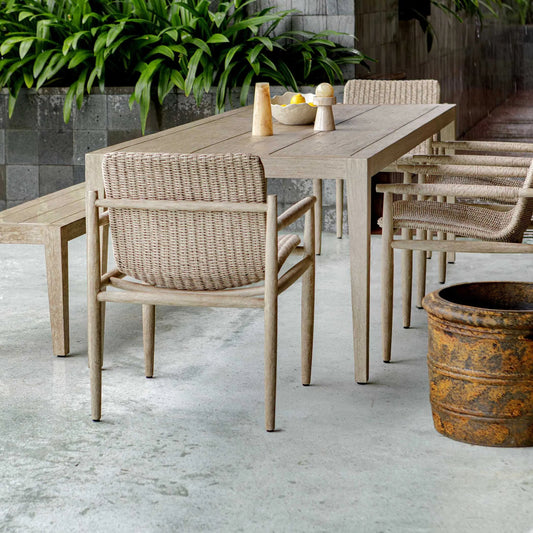 Sumba Wicker Outdoor Dining Chair by Uttermost in wheat. Made from mahogani wood, wicker in a unique style.
