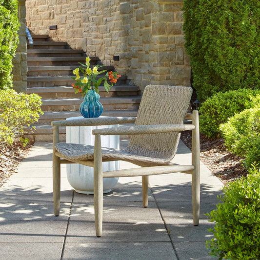 Sumba Wicker Outdoor Lounge Chair by Uttermost in wheat. Made from mahogani wood, wicker in a unique style.