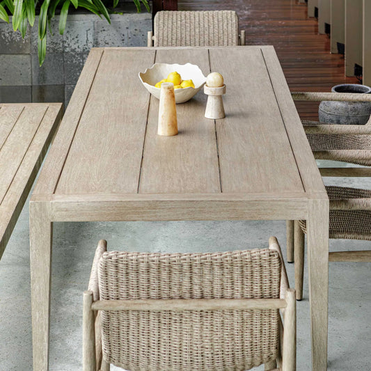Kirkham Outdoor Dining Table by Uttermost in wheat. Made from mahogani wood in a transitional style.