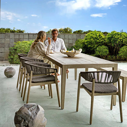 Kirkham Outdoor Dining Table by Uttermost in wheat. Made from mahogani wood in a transitional style.