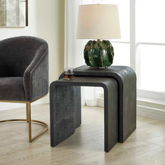 Interpose Nesting Side Table by Uttermost in gray. Made from plywood, hardwood, shargeen in a unique style.