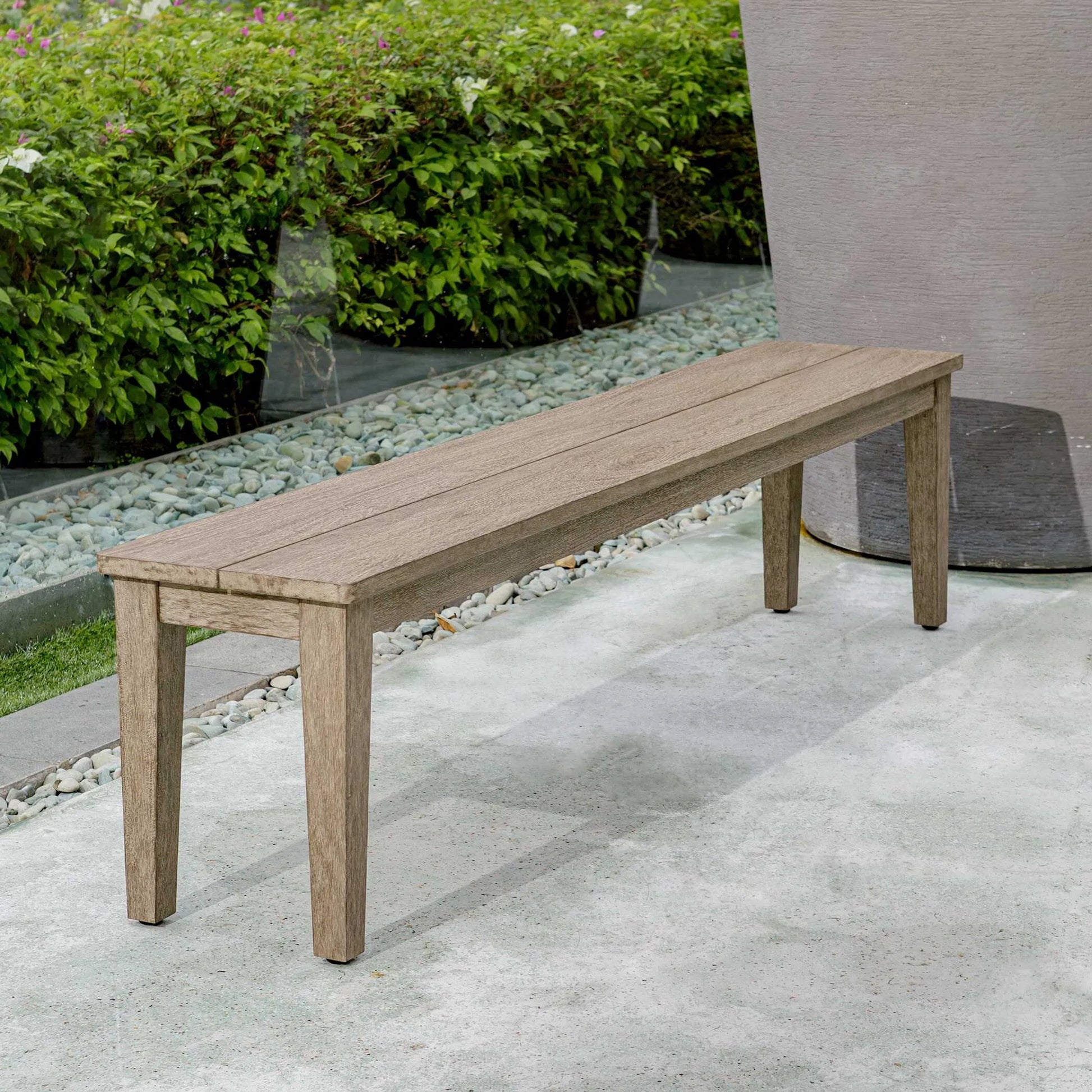 Forsyth Outdoor Bench by Uttermost in dark gray. Made from mahogani wood in a transitional style.