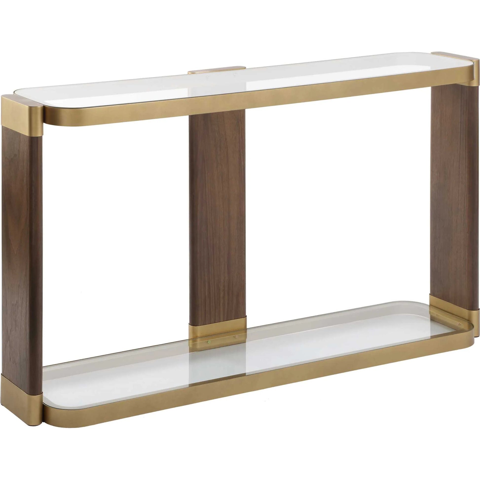 Ryles Glass Console Table by Uttermost in gold. Made from metal, tempered glass, mdf, walnut veneer in a traditional style.