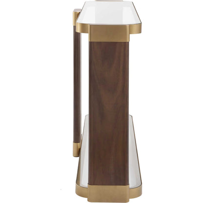 Ryles Glass Console Table by Uttermost in gold. Made from metal, tempered glass, mdf, walnut veneer in a traditional style.