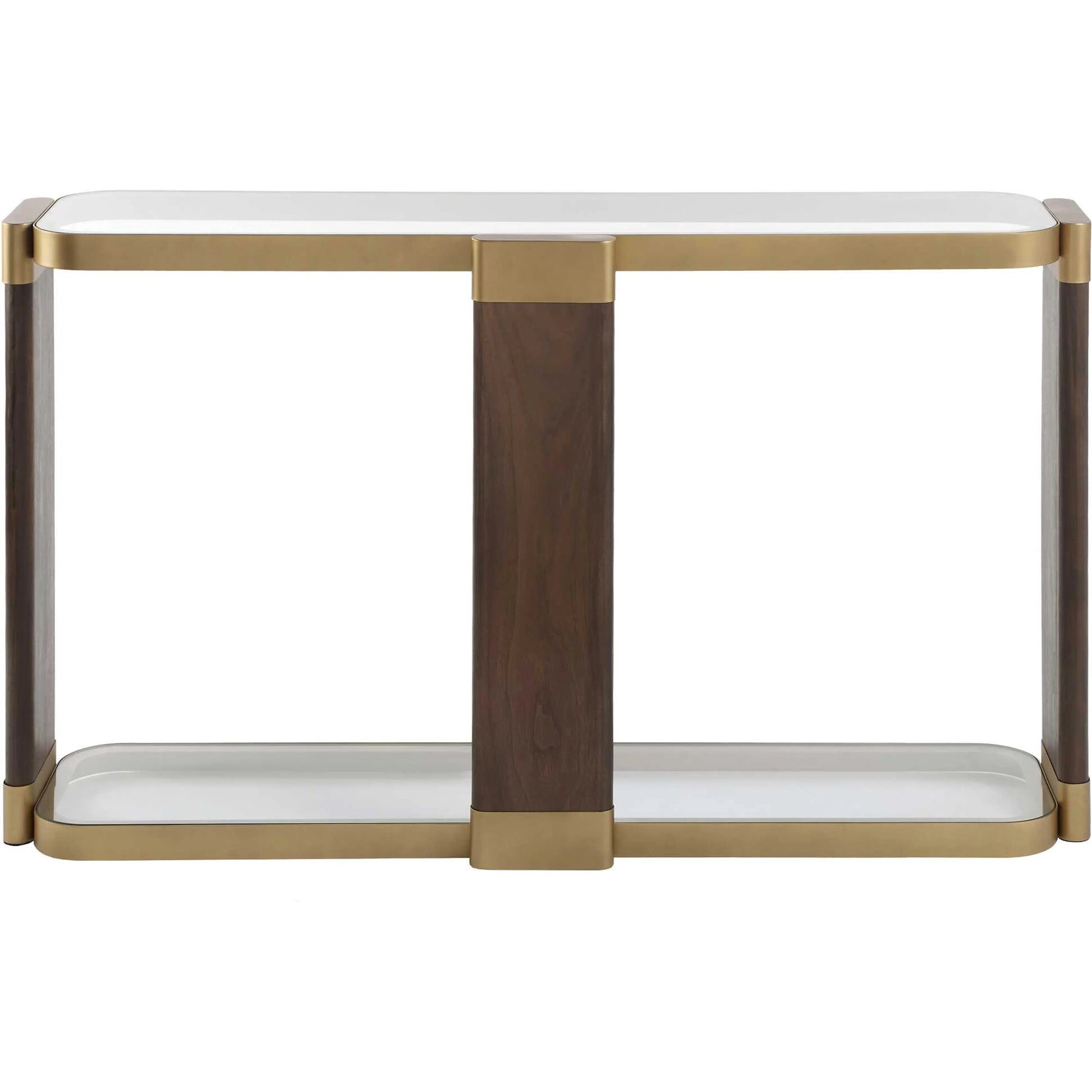 Ryles Glass Console Table by Uttermost in gold. Made from metal, tempered glass, mdf, walnut veneer in a traditional style.