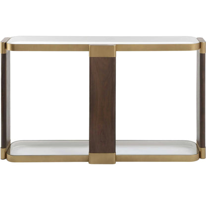 Ryles Glass Console Table by Uttermost in gold. Made from metal, tempered glass, mdf, walnut veneer in a traditional style.