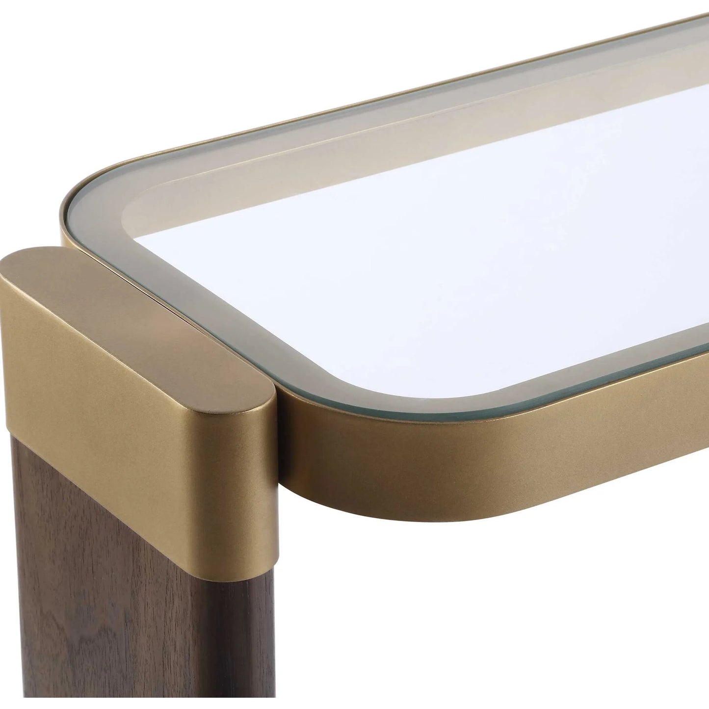 002 SI-2386811 | Closeup | Ryles Glass Console Table by Uttermost in gold. Made from metal, tempered glass, mdf, walnut veneer in a traditional style.