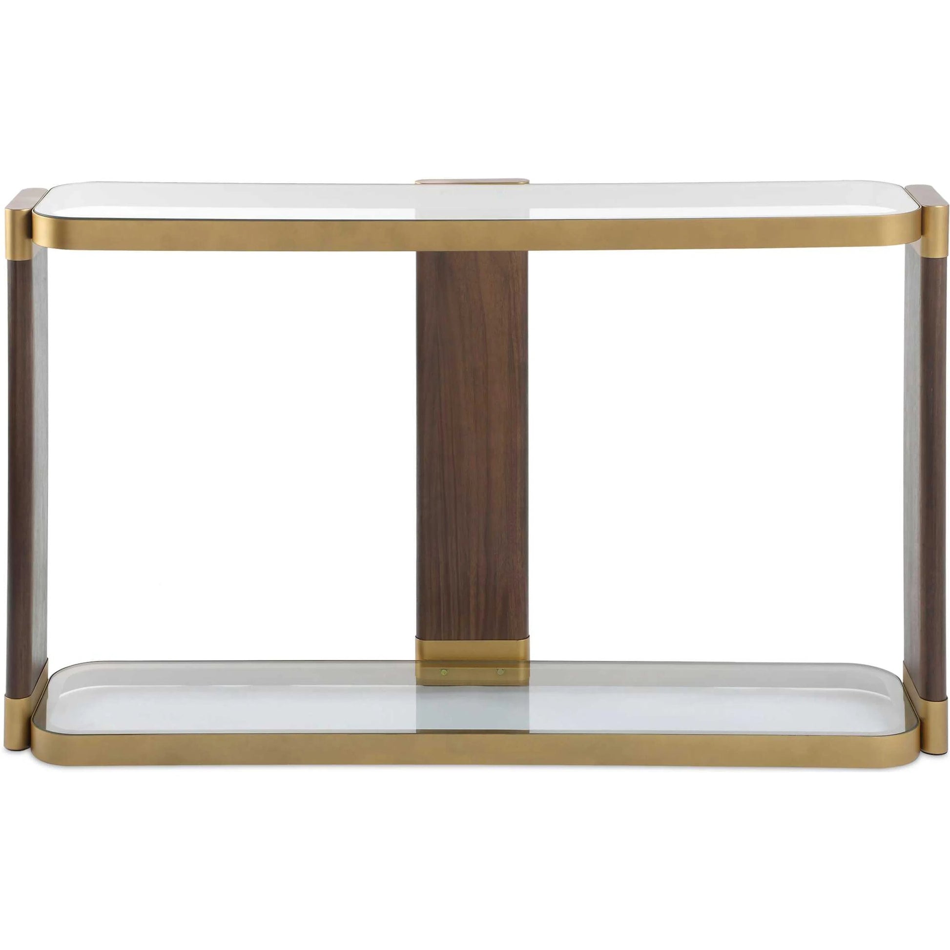 Ryles Glass Console Table by Uttermost in gold. Made from metal, tempered glass, mdf, walnut veneer in a traditional style.
