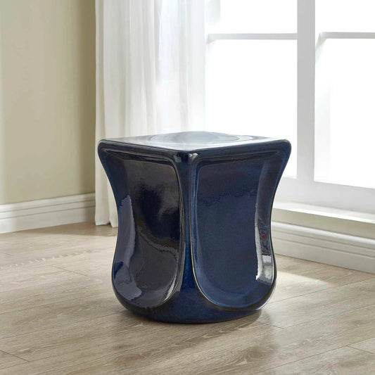 Kaz Garden Stool by Uttermost in blue. Made from earthenware in a unique style.