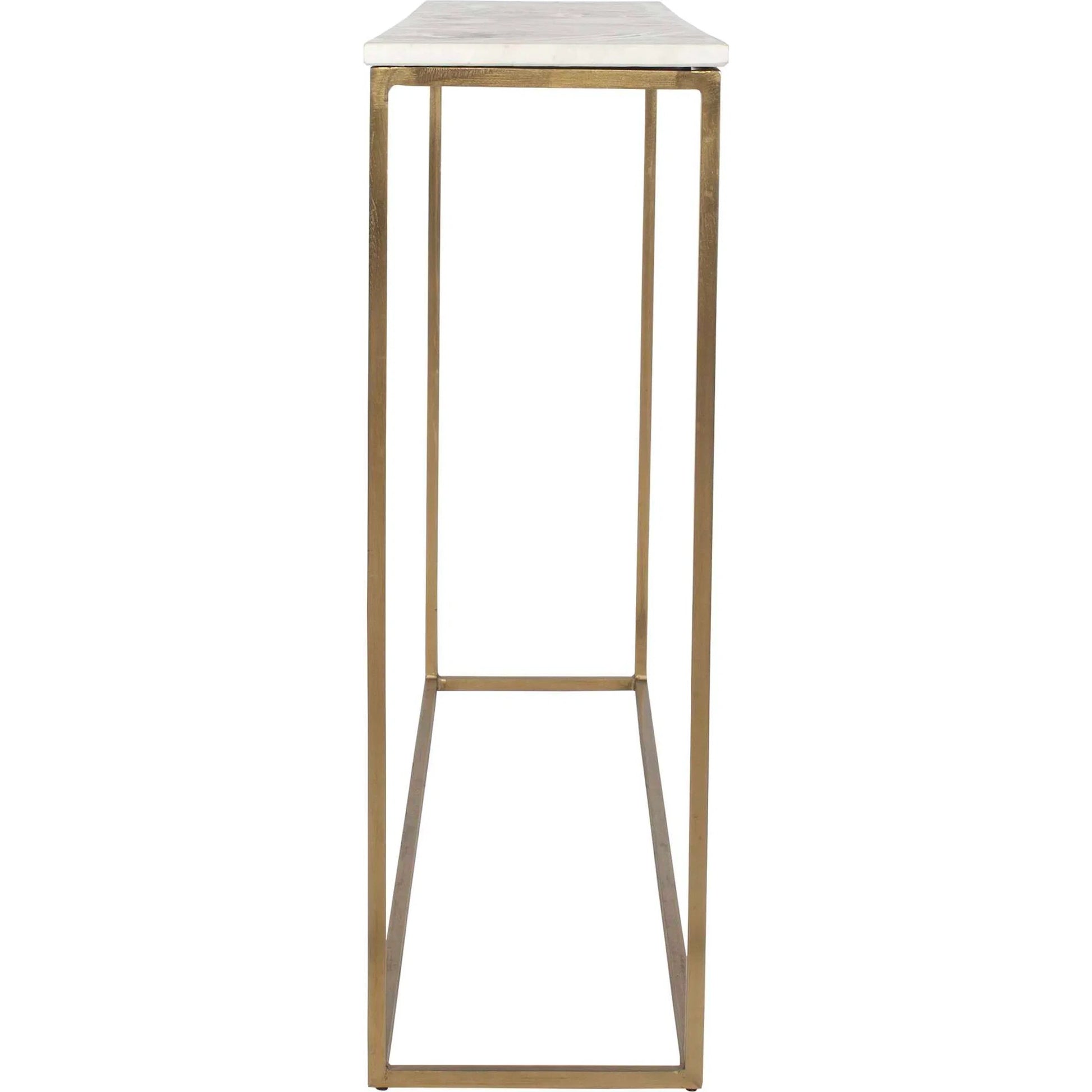 Redmond Sofa Counter Table by Uttermost in brass. Made from white banswada marble top, iron solid rod stand in a transitional style.