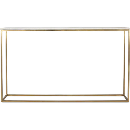 Redmond Sofa Counter Table by Uttermost in brass. Made from white banswada marble top, iron solid rod stand in a transitional style.