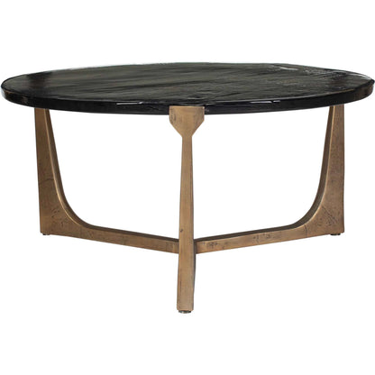 Bohdi Outdoor Coffee Table by Uttermost in brass. Made from metal, cast glass in a modern style.