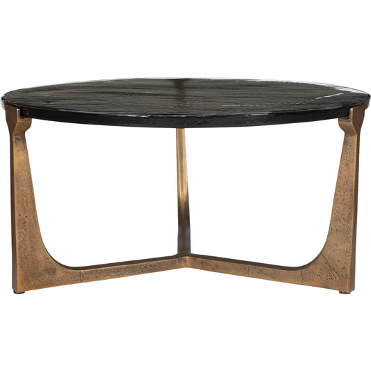 Bohdi Outdoor Coffee Table by Uttermost in brass. Made from metal, cast glass in a unique style.