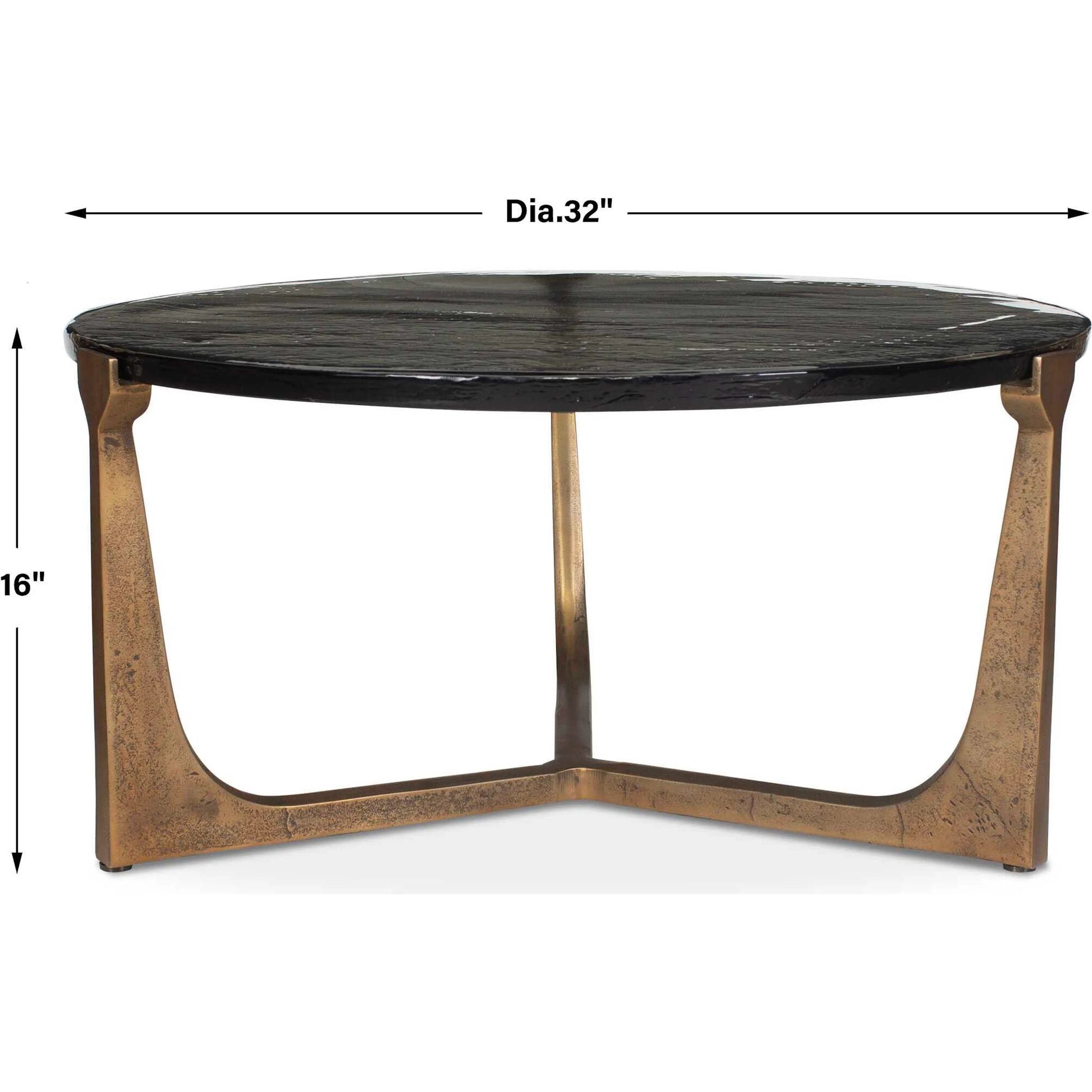 Bohdi Outdoor Coffee Table by Uttermost in brass. Made from metal, cast glass in a modern style.