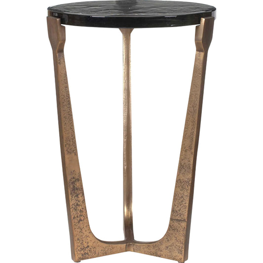 Bohdi Outdoor Accent Table by Uttermost in brass. Made from metal, glass in a unique style.