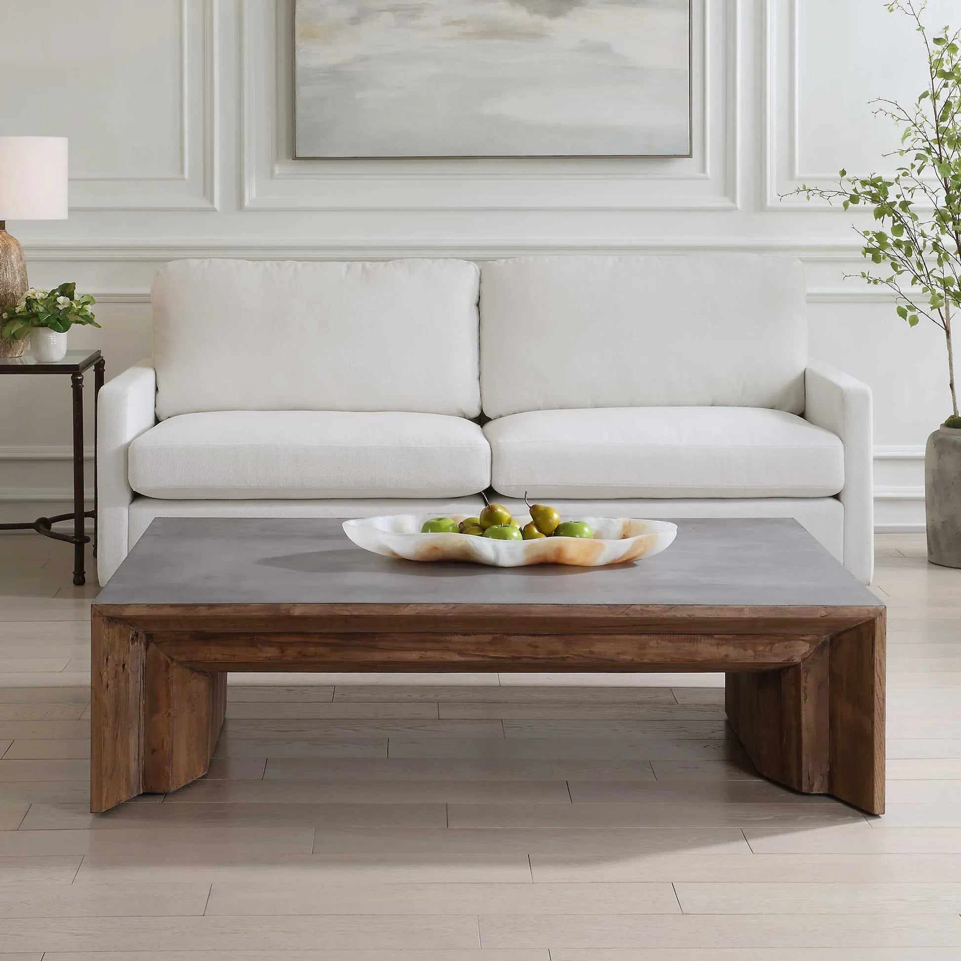 Vail Elm Coffee Table by Uttermost in gray. Made from old elm, plywood in a traditional style.