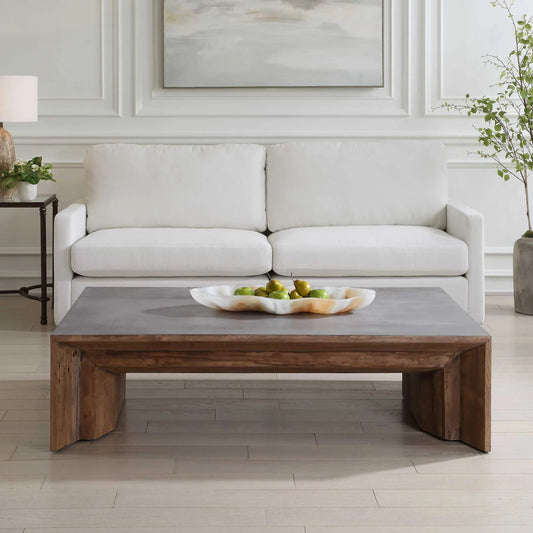 Vail Elm Coffee Table by Uttermost in gray. Made from old elm, plywood in a unique style.