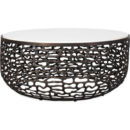 Sabena Outdoor Coffee Table by Uttermost in dark bronze. Made from metal, white banswara marble in a modern style.
