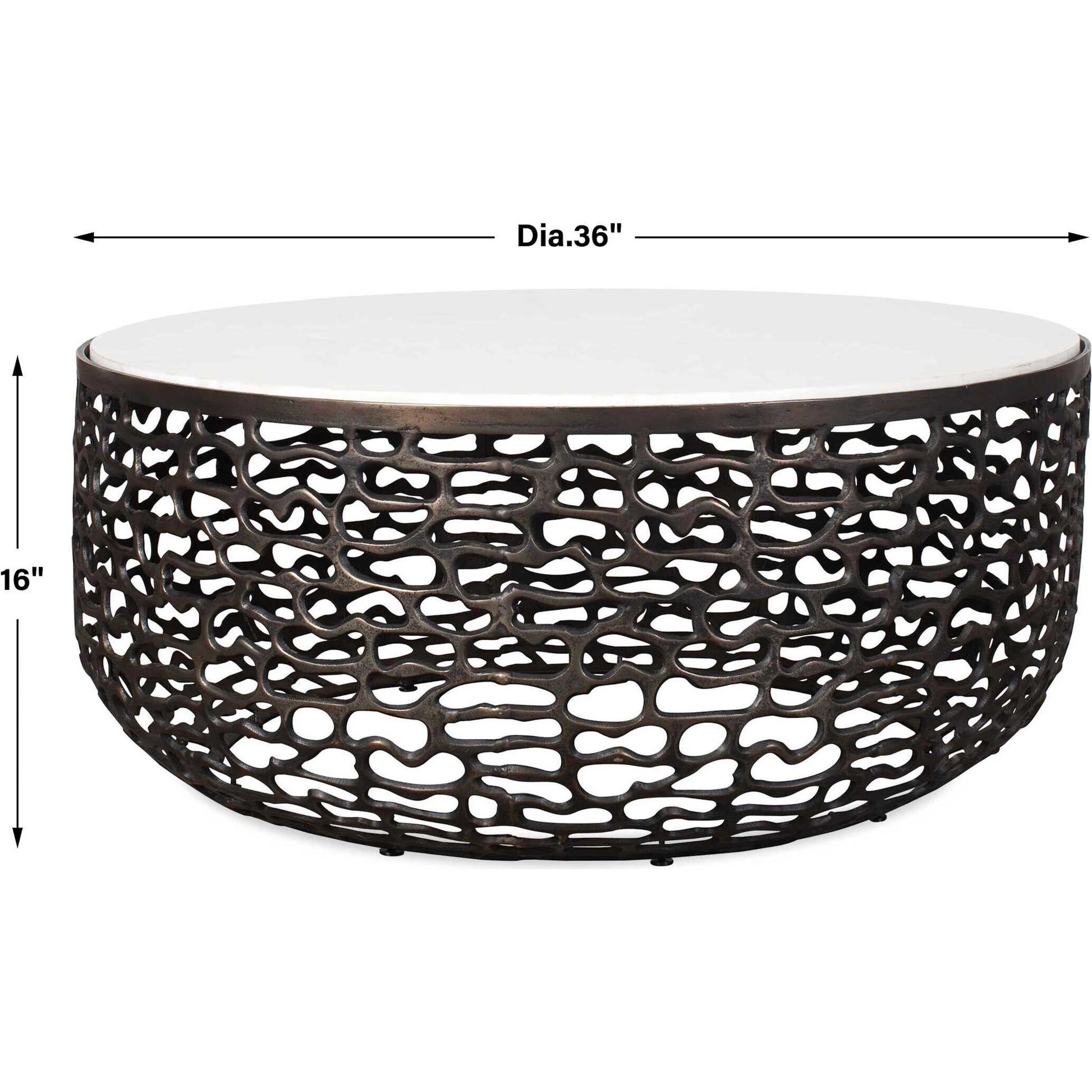 Sabena Outdoor Coffee Table by Uttermost in dark bronze. Made from metal, white banswara marble in a modern style.