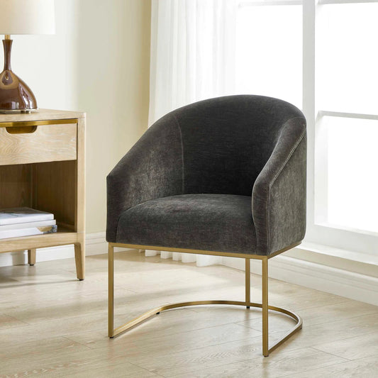 Hanni Dining Chair by Uttermost in charcoal and brass. Made from fabric, hardwood, plywood, foam, stainless steel in a unique style.