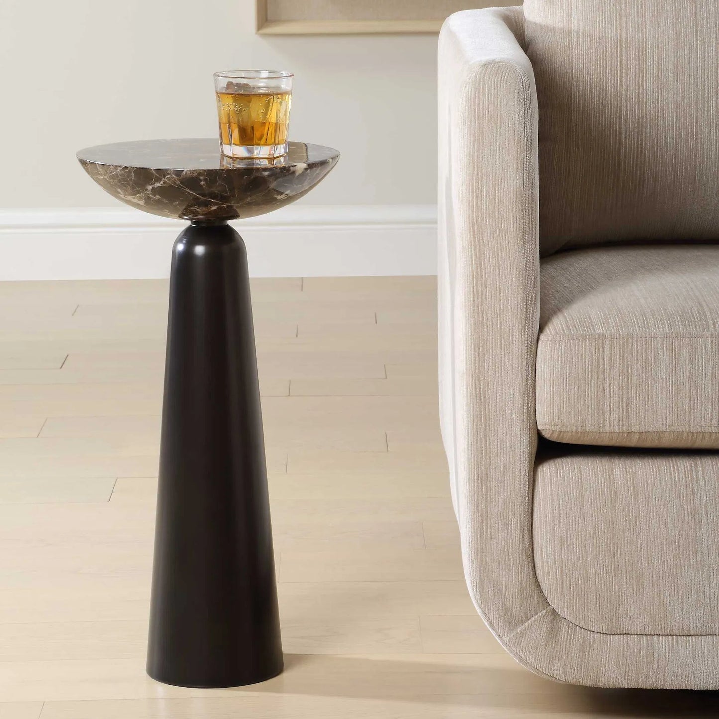 002 SI-2386797 | Lifestyle | Hastings Accent Table by Uttermost in dark bronze. Made from marble, iron in a modern style.
