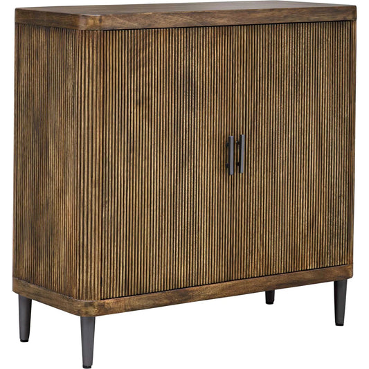 Pinstripe Tambour 2 Door Cabinet by Uttermost in light walnut. Made from mdf mango veneer, javamix wood in a unique style.