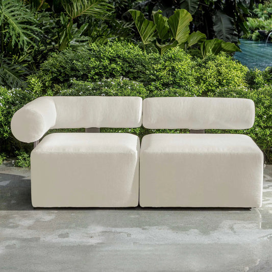 Bolster Back Outdoor Corner Sofa by Uttermost in oyster white. Made from metal aluminium, cushion crescent cloud dancer in a unique style.