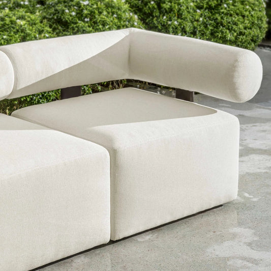 Bolster Back Outdoor Corner Sofa by Uttermost in oyster white. Made from metal aluminium, cushion crescent cloud dancer in a transitional style.