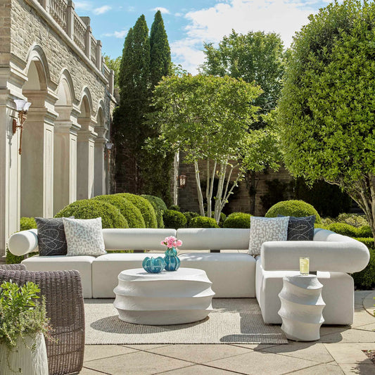Bolster Back Outdoor Corner Sofa by Uttermost in oyster white. Made from metal aluminium, cushion crescent cloud dancer in a unique style.